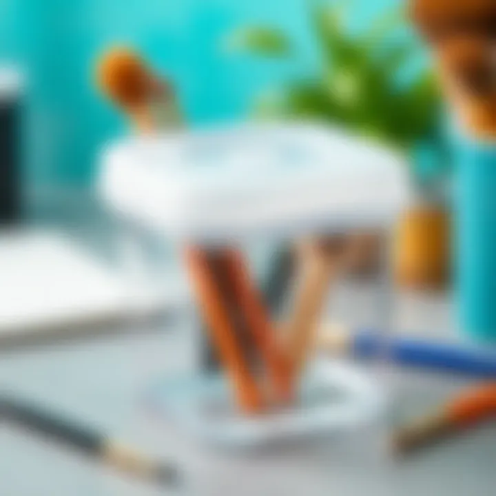 Close-up of ergonomic design of an acrylic brush holder with lid