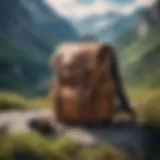 A stylish male travel backpack against a scenic mountain backdrop.