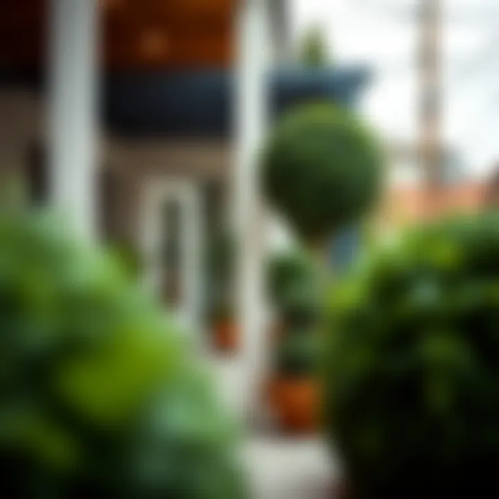 Artistic installation of artificial round ball plants in an outdoor patio area