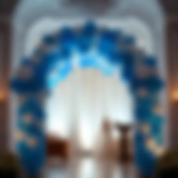 Atmospheric lighting enhancing a blue and white balloon arch
