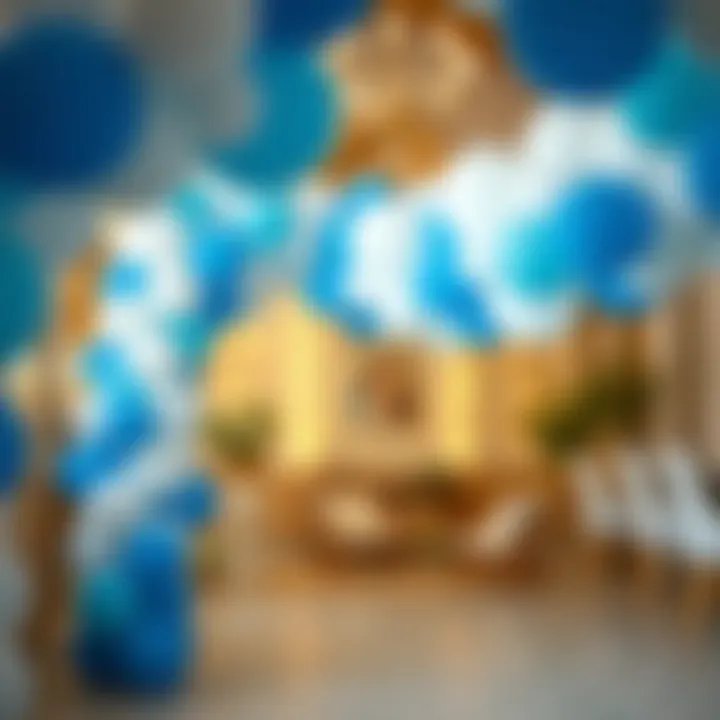 Close-up of blue and white balloons in a chic event setup