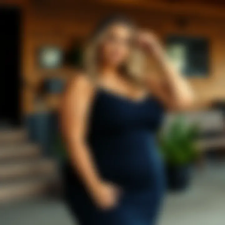 Confident plus-size individual showcasing body positivity in navy blue dress.