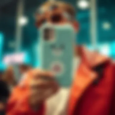 Care Bear iPhone Case in Modern Fashion A stylish individual holding a Care Bear iPhone case, representing modern consumer culture.