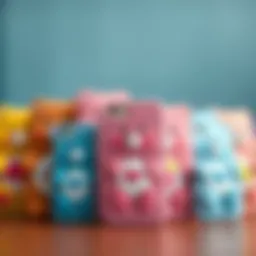 A vibrant collection of Care Bear iPhone cases showcasing diverse designs and colors.