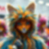 Detailed view of intricate cat furry costume designs showcasing vibrant colors and textures