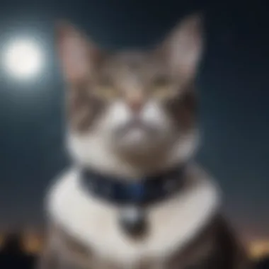 Starlit Style: A Cat’s Moon Collar in Focus A cat showcasing its moon collar against a backdrop of stars