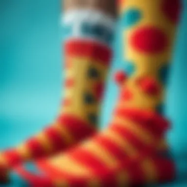 Creative Craftsmanship of Clown Socks A close-up view of clown socks with unique patterns and textures, highlighting their creative craftsmanship.