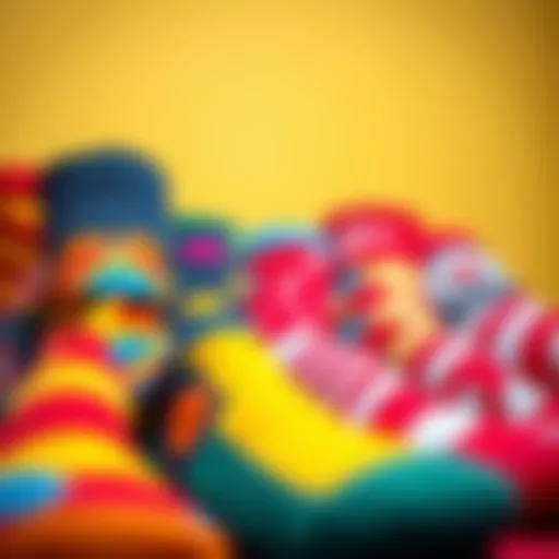 Colorful clown socks displayed in a vibrant arrangement, showcasing their playful designs.
