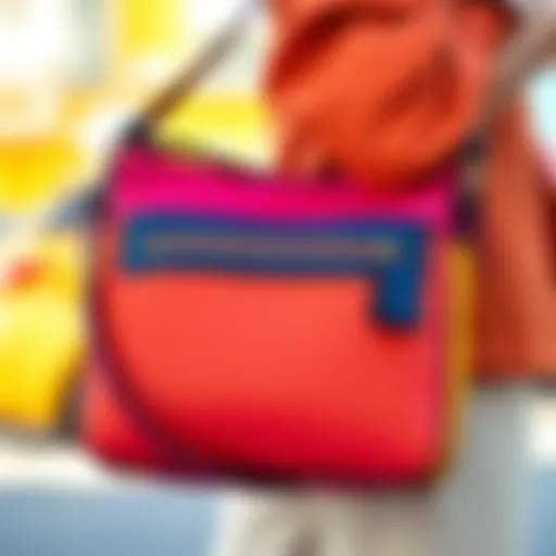 Close-up view of the Coach May shoulder bag showcasing its vibrant colorblock pattern