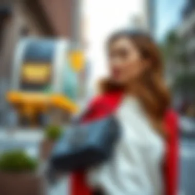 Model elegantly showcasing the Coach May shoulder bag in a chic urban setting