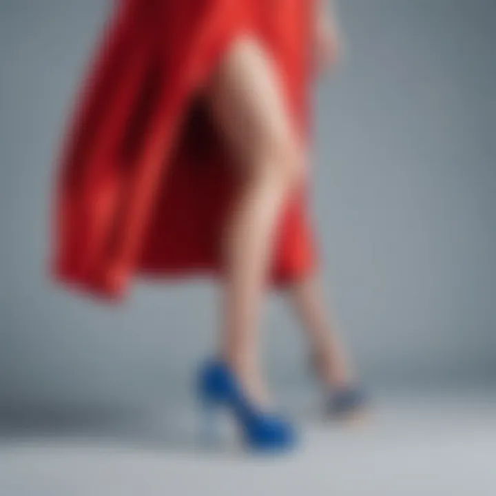 Vibrant red dress matched with vibrant blue heels