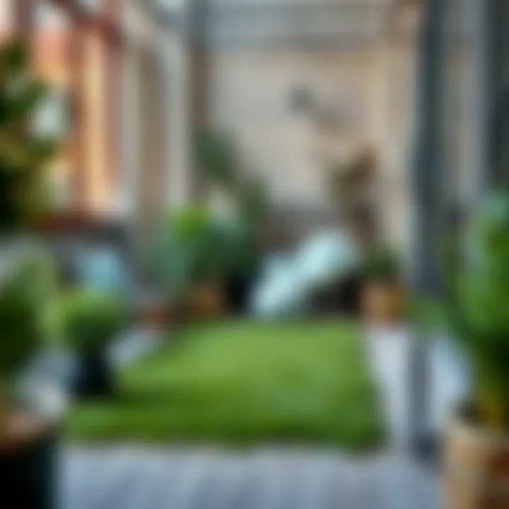 Stylish balcony setup featuring grass rug and decorative plants