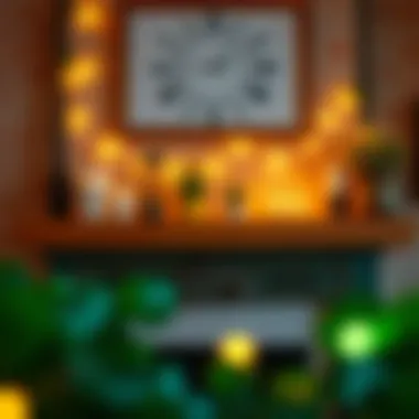 Traditional Meets Modern with String Lights Stylish mantle featuring a mix of traditional and modern decor enhanced by string lights