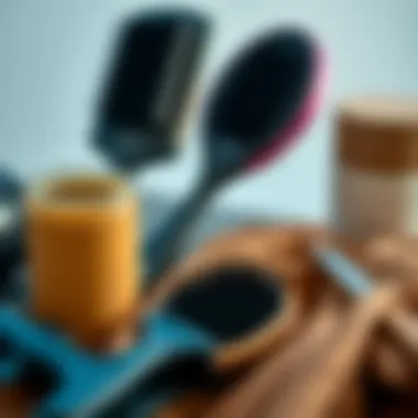 Maintenance Essentials for Clip-In Hair Extensions A detailed view of maintenance tools for clip-in hair extensions, including brushes and care products