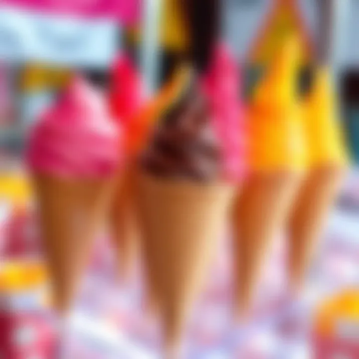 Close-up of a colorful assortment of ice cream cones on an acrylic stand