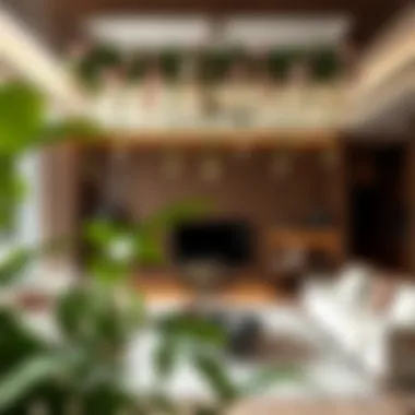 Elegant Modern Living Room with Faux Vines Elegantly arranged fake hanging flower vines in a modern living room setting