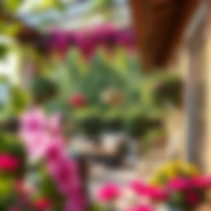 Vibrant Outdoor Patio with Artificial Flower Vines Outdoor patio adorned with vibrant fake hanging flower vines for seasonal decor