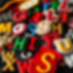 A variety of vibrant alphabet iron-on patches displayed artistically