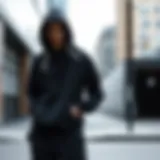 Asymmetrical hoodie showcased in a minimalist urban setting