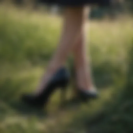 Elegant black heels on a spring grass background