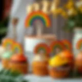 Elegant Arrangement of Boho Rainbow Cupcake Toppers Colorful boho rainbow cupcake toppers arranged elegantly on a dessert table