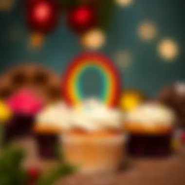 Boho Rainbow Cupcake Topper at a Festive Occasion A beautifully decorated cupcake showcasing a boho rainbow topper at a festive event