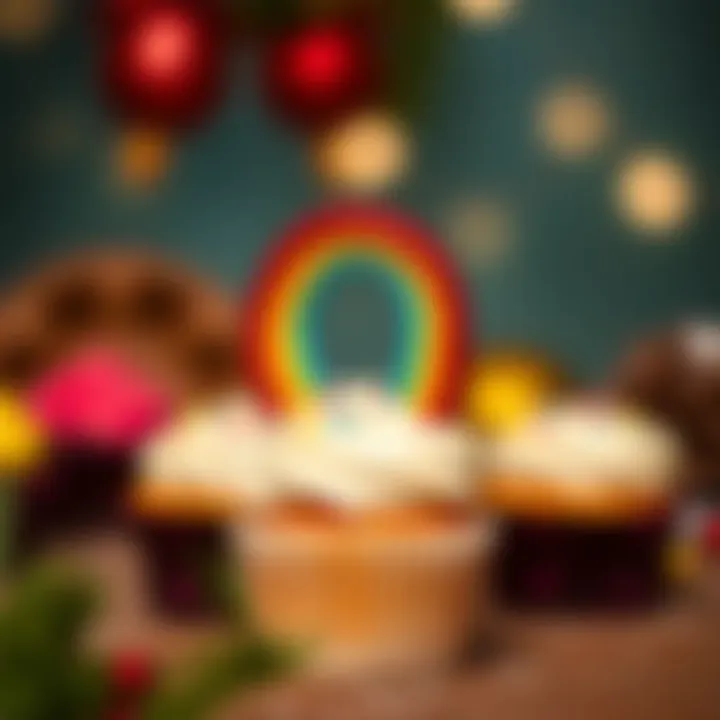 Boho Rainbow Cupcake Topper at a Festive Occasion A beautifully decorated cupcake showcasing a boho rainbow topper at a festive event