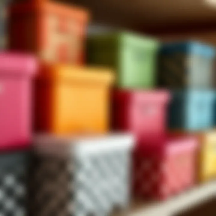 Colorful Variety of Flip Top Storage Boxes Variety of colorful decorative flip top storage boxes on a shelf