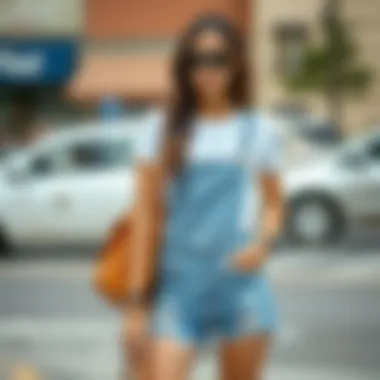 Chic Styling Techniques for Distressed Denim Overall Shorts Stylish ensemble featuring distressed denim overall shorts paired with contemporary accessories.