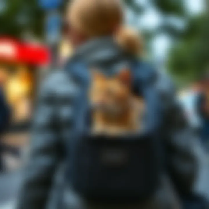 Trendy cat carrier worn by an owner on the go