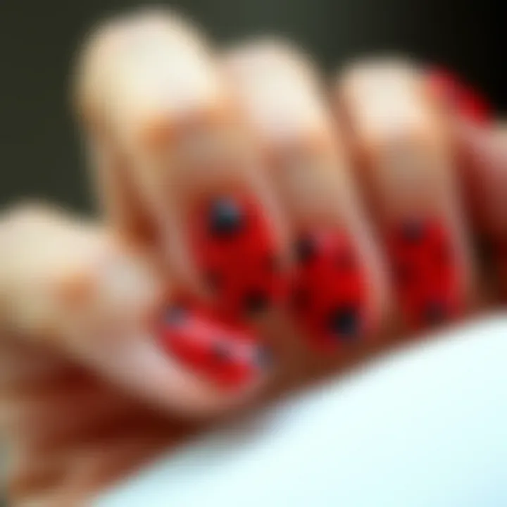 Artistry in Ladybug Nail Art An artistic representation of ladybug motifs on beautifully manicured nails