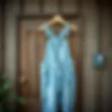 Chic Presentation of Denim Overalls Stylish light blue denim overalls displayed against a rustic backdrop