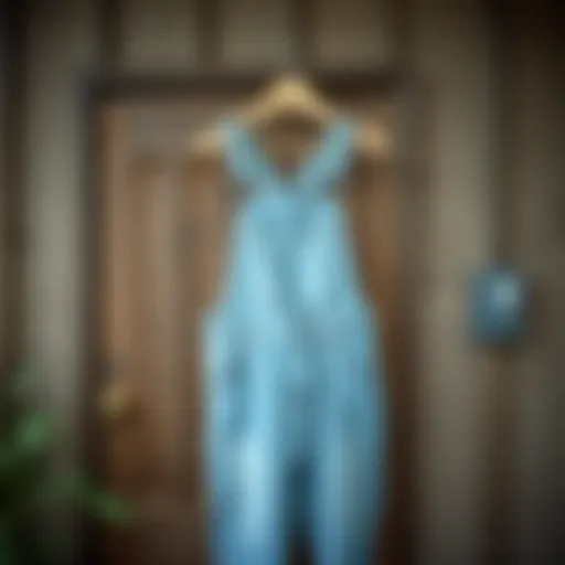 Chic Presentation of Denim Overalls Stylish light blue denim overalls displayed against a rustic backdrop