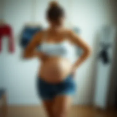 Finding the Perfect Fit: Trying Different Styles Expectant mother trying on different styles of denim shorts