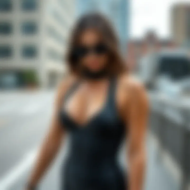 A model wearing neoprene shapewear in a modern urban setting