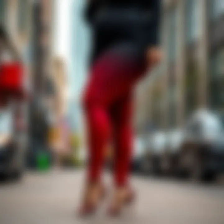 Fashionable Plus Size Leggings in Urban Atmosphere Elegant plus size black and red leggings showcased in an urban setting.