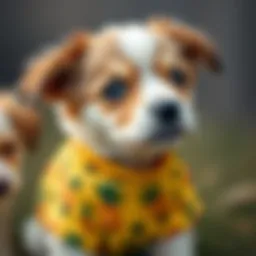 A playful puppy wearing a pineapple-themed shirt, showcasing the blend of love for pets and unique fashion.