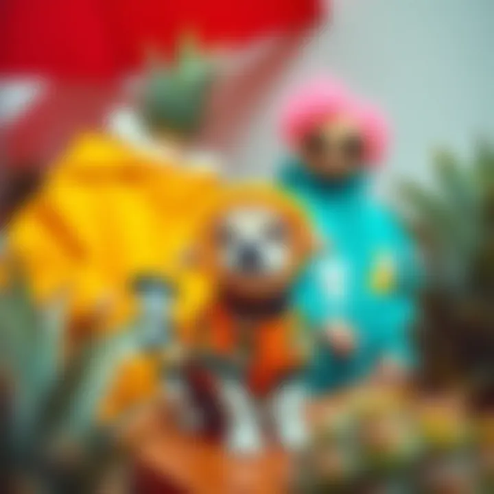 Colorful Apparel Merging Culinary and Canine Themes A vibrant collection of pineapple-themed clothing with puppy motifs displayed artistically.