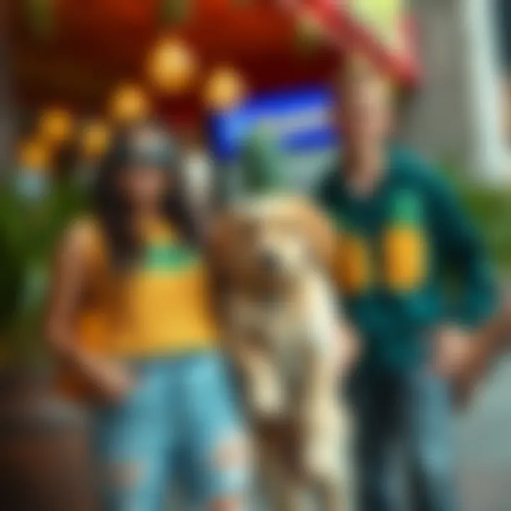 Fashion Statements: Embracing Fun with Puppy and Pineapple Designs Stylish individuals proudly wearing pineapple and puppy-themed outfits in a casual setting.