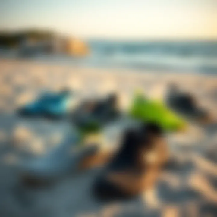 Different styles of swim shoes displayed on a sandy beach