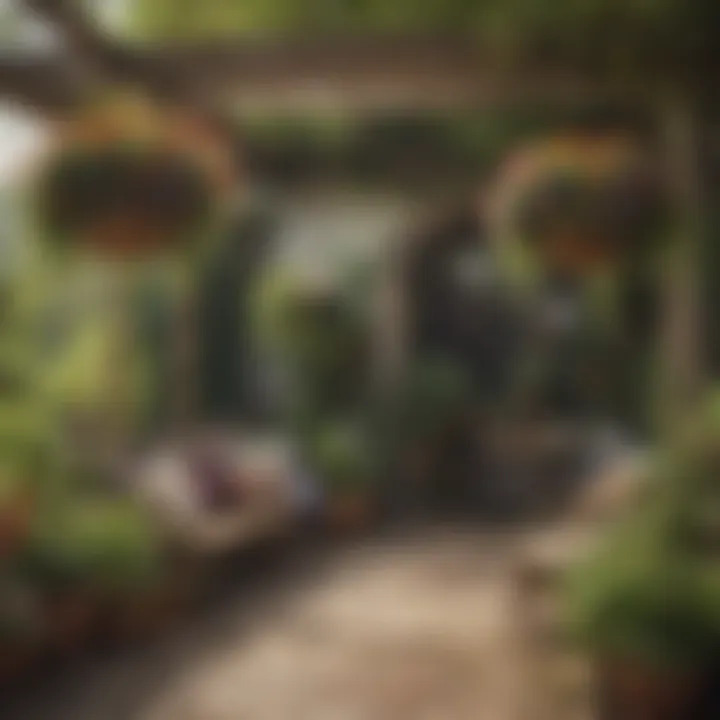 An outdoor garden setting adorned with boho hanging baskets, illustrating their versatility in various environments.