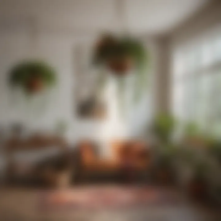 A serene indoor space featuring boho hanging baskets that enhance the decor and atmosphere.