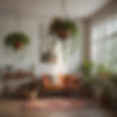 Serene Indoor Space with Boho Hanging Baskets A serene indoor space featuring boho hanging baskets that enhance the decor and atmosphere.