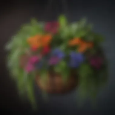 Vibrant Boho Hanging Basket with Plants A vibrant boho hanging basket filled with various plants and flowers, showcasing the natural beauty of indoor gardening.