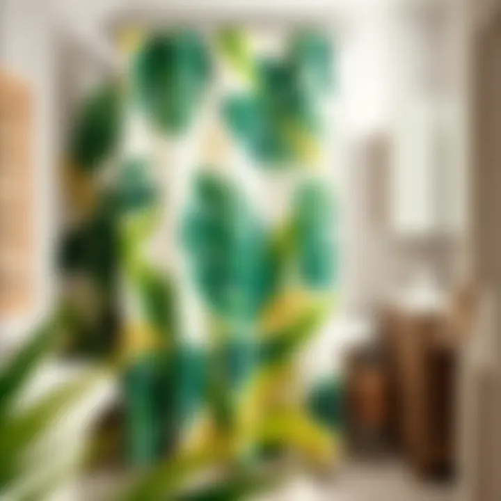 Stylish Palm Print Shower Curtains Stylish palm print shower curtains hung in a contemporary bathroom