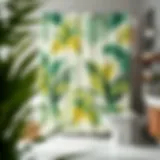 Modern Palm Print Shower Curtain A vibrant palm print shower curtain in a modern bathroom setting