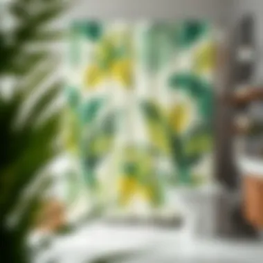 Modern Palm Print Shower Curtain A vibrant palm print shower curtain in a modern bathroom setting