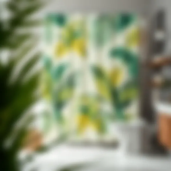 Modern Palm Print Shower Curtain A vibrant palm print shower curtain in a modern bathroom setting