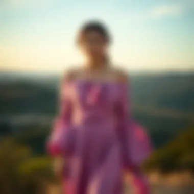 A Fusion of Elegance and Comfort Elegantly draped off-the-shoulder top with a flowing skirt against a scenic backdrop