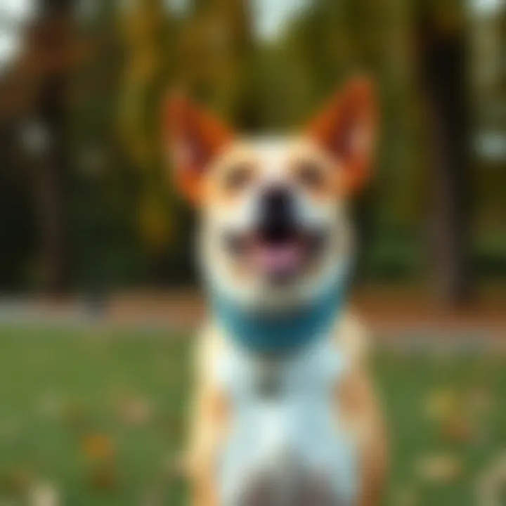 A happy dog wearing a blue rhinestone collar in a park